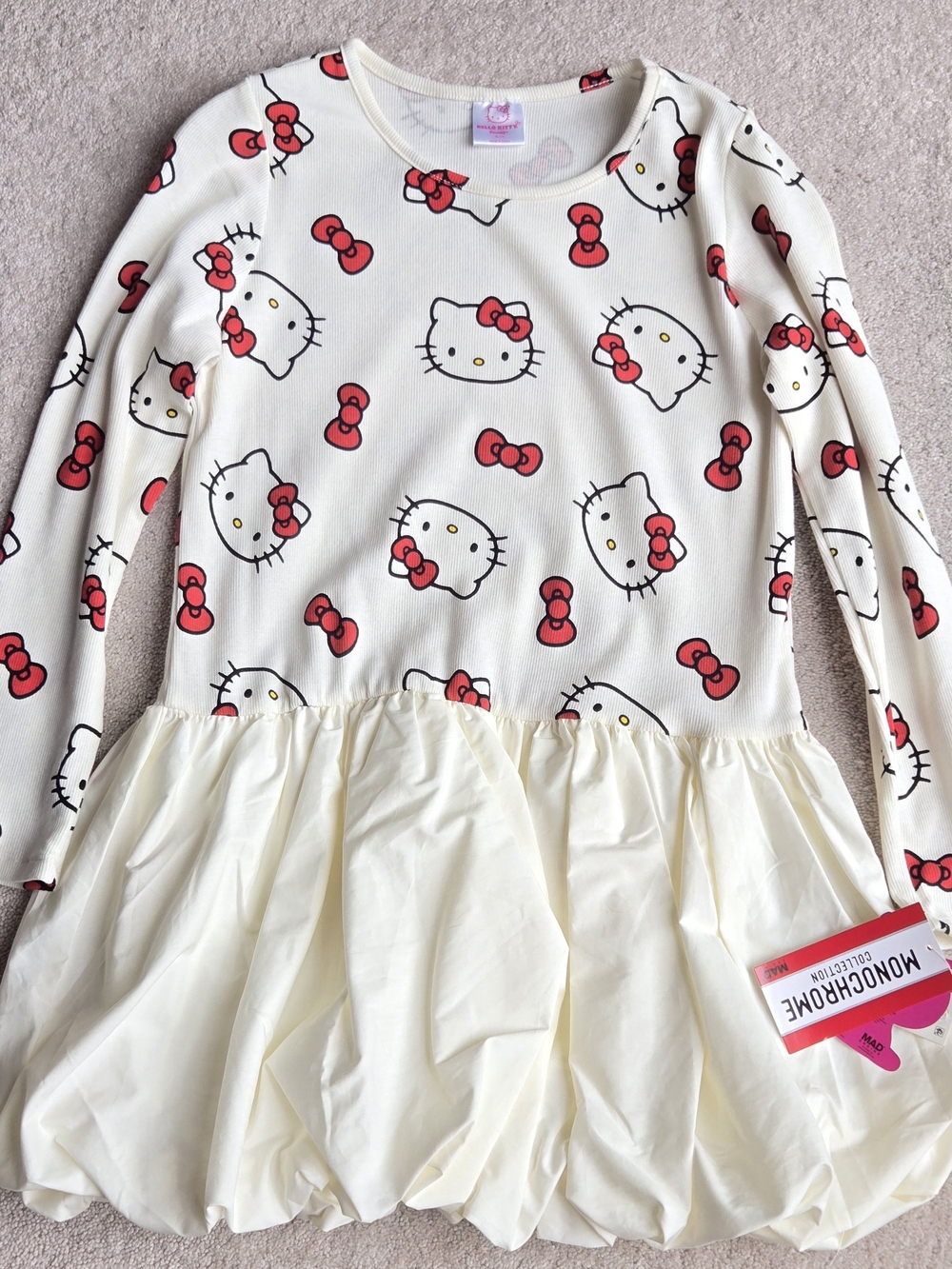 Hello Kitty Cream & Red Long Sleeve Peplum Dress